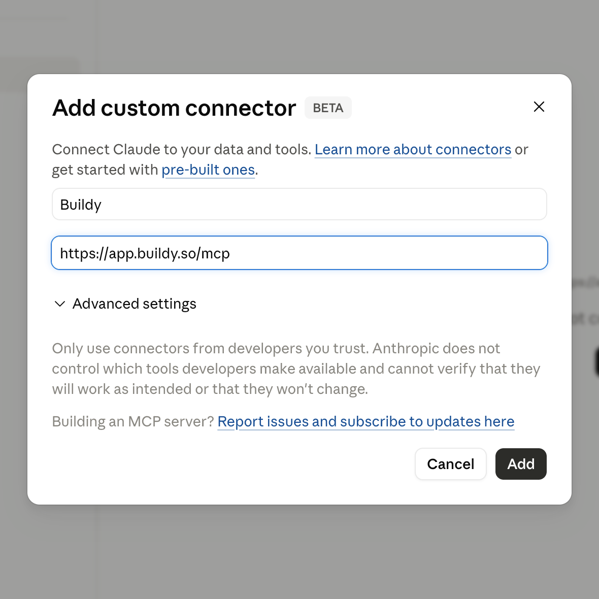 Claude Add custom connector dialog with Buildy URL